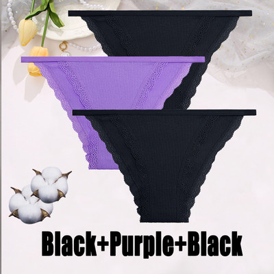 3PCS Dámske sexy čipkované nohavičky Bavlnené spodné prádlo Jednofarebné bikiny s nízkym pásom Breathbale Spodné nohavičky Dámske mäkké spodné prádlo