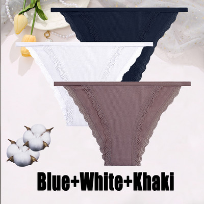 3PCS Dámske sexy čipkované nohavičky Bavlnené spodné prádlo Jednofarebné bikiny s nízkym pásom Breathbale Spodné nohavičky Dámske mäkké spodné prádlo
