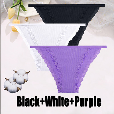 3PCS Dámske sexy čipkované nohavičky Bavlnené spodné prádlo Jednofarebné bikiny s nízkym pásom Breathbale Spodné nohavičky Dámske mäkké spodné prádlo