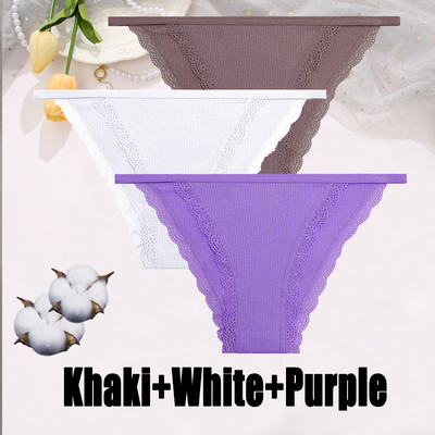 3PCS Dámske sexy čipkované nohavičky Bavlnené spodné prádlo Jednofarebné bikiny s nízkym pásom Breathbale Spodné nohavičky Dámske mäkké spodné prádlo