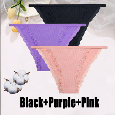 3PCS Dámske sexy čipkované nohavičky Bavlnené spodné prádlo Jednofarebné bikiny s nízkym pásom Breathbale Spodné nohavičky Dámske mäkké spodné prádlo