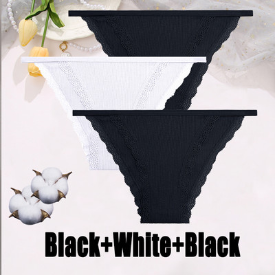 3PCS Dámske sexy čipkované nohavičky Bavlnené spodné prádlo Jednofarebné bikiny s nízkym pásom Breathbale Spodné nohavičky Dámske mäkké spodné prádlo
