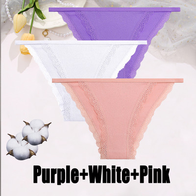3PCS Dámske sexy čipkované nohavičky Bavlnené spodné prádlo Jednofarebné bikiny s nízkym pásom Breathbale Spodné nohavičky Dámske mäkké spodné prádlo