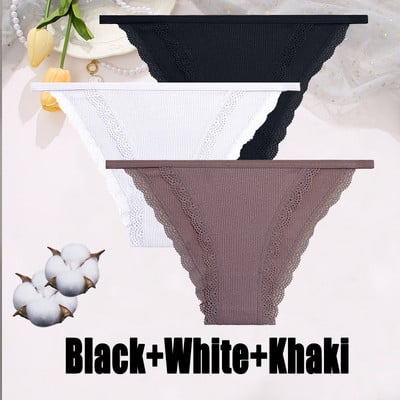 3PCS Dámske sexy čipkované nohavičky Bavlnené spodné prádlo Jednofarebné bikiny s nízkym pásom Breathbale Spodné nohavičky Dámske mäkké spodné prádlo