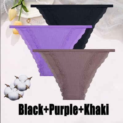 3PCS Dámske sexy čipkované nohavičky Bavlnené spodné prádlo Jednofarebné bikiny s nízkym pásom Breathbale Spodné nohavičky Dámske mäkké spodné prádlo