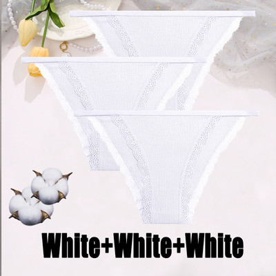 3PCS Dámske sexy čipkované nohavičky Bavlnené spodné prádlo Jednofarebné bikiny s nízkym pásom Breathbale Spodné nohavičky Dámske mäkké spodné prádlo