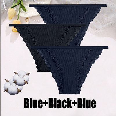 3PCS Dámske sexy čipkované nohavičky Bavlnené spodné prádlo Jednofarebné bikiny s nízkym pásom Breathbale Spodné nohavičky Dámske mäkké spodné prádlo