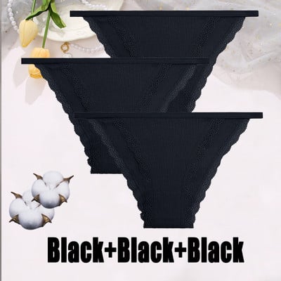 3PCS Dámske sexy čipkované nohavičky Bavlnené spodné prádlo Jednofarebné bikiny s nízkym pásom Breathbale Spodné nohavičky Dámske mäkké spodné prádlo
