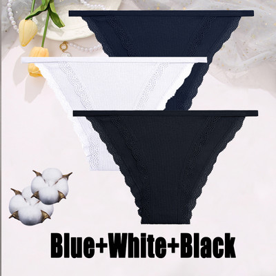 3PCS Dámske sexy čipkované nohavičky Bavlnené spodné prádlo Jednofarebné bikiny s nízkym pásom Breathbale Spodné nohavičky Dámske mäkké spodné prádlo