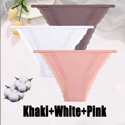 3PCS Dámske sexy čipkované nohavičky Bavlnené spodné prádlo Jednofarebné bikiny s nízkym pásom Breathbale Spodné nohavičky Dámske mäkké spodné prádlo