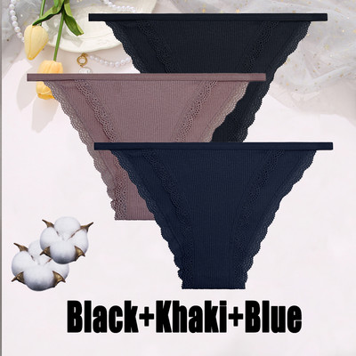 3PCS Dámske sexy čipkované nohavičky Bavlnené spodné prádlo Jednofarebné bikiny s nízkym pásom Breathbale Spodné nohavičky Dámske mäkké spodné prádlo
