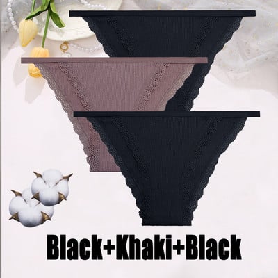 3PCS Dámske sexy čipkované nohavičky Bavlnené spodné prádlo Jednofarebné bikiny s nízkym pásom Breathbale Spodné nohavičky Dámske mäkké spodné prádlo