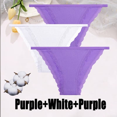 3PCS Dámske sexy čipkované nohavičky Bavlnené spodné prádlo Jednofarebné bikiny s nízkym pásom Breathbale Spodné nohavičky Dámske mäkké spodné prádlo