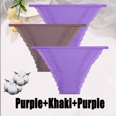 3PCS Dámske sexy čipkované nohavičky Bavlnené spodné prádlo Jednofarebné bikiny s nízkym pásom Breathbale Spodné nohavičky Dámske mäkké spodné prádlo
