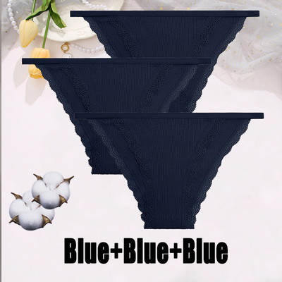 3PCS Dámske sexy čipkované nohavičky Bavlnené spodné prádlo Jednofarebné bikiny s nízkym pásom Breathbale Spodné nohavičky Dámske mäkké spodné prádlo