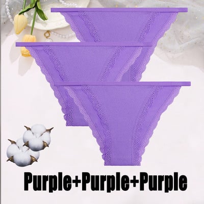 3PCS Dámske sexy čipkované nohavičky Bavlnené spodné prádlo Jednofarebné bikiny s nízkym pásom Breathbale Spodné nohavičky Dámske mäkké spodné prádlo