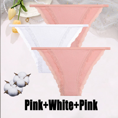 3PCS Dámske sexy čipkované nohavičky Bavlnené spodné prádlo Jednofarebné bikiny s nízkym pásom Breathbale Spodné nohavičky Dámske mäkké spodné prádlo