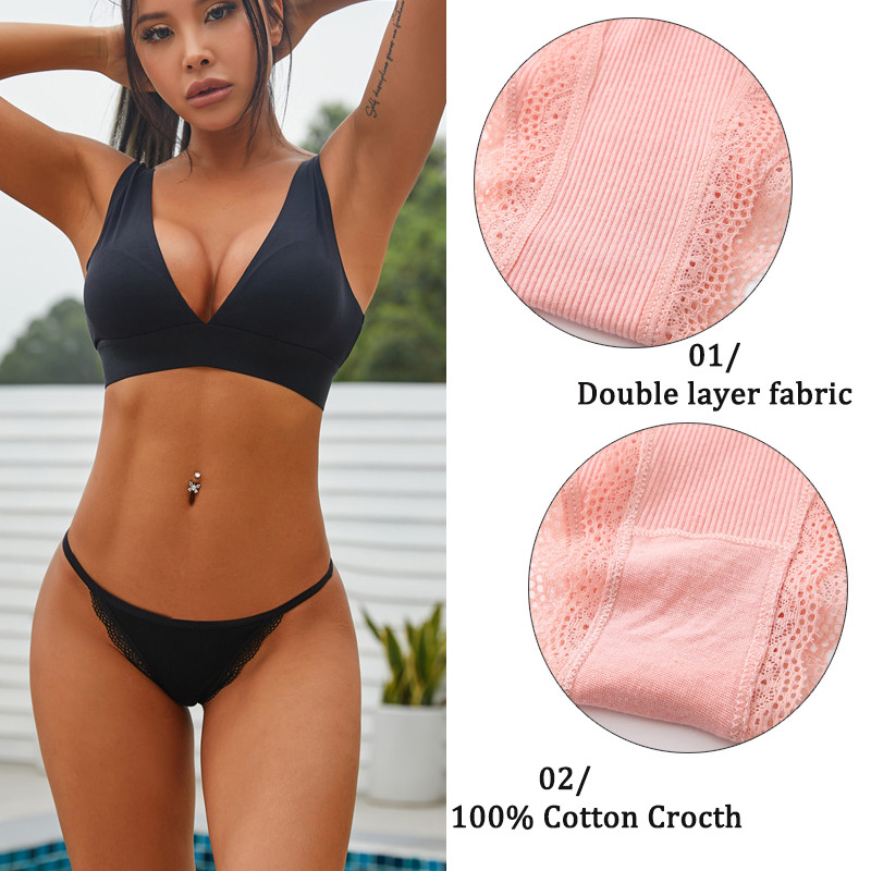 3PCS Dámske sexy čipkované nohavičky Bavlnené spodné prádlo Jednofarebné bikiny s nízkym pásom Breathbale Spodné nohavičky Dámske mäkké spodné prádlo