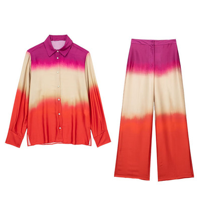 TRAF Costum de toamnă la modă pentru femei, colorat cu cravată, guler răsturnat, cu mânecă lungă, bluză cu un singur piept+pantaloni largi cu fermoar degradat