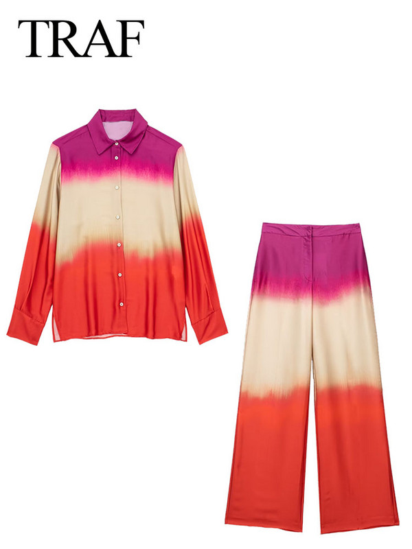 TRAF Costum de toamnă la modă pentru femei, colorat cu cravată, guler răsturnat, cu mânecă lungă, bluză cu un singur piept+pantaloni largi cu fermoar degradat