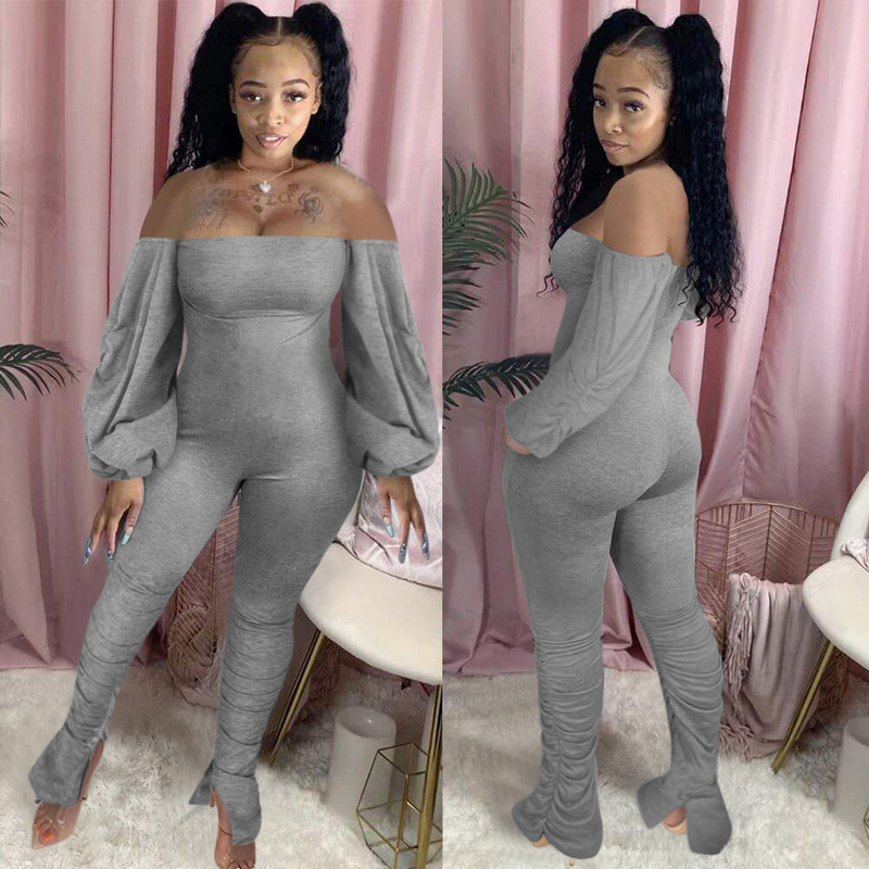 Seksi ženske hlače s plisiranim plisiranim rukavima s otvorenim ramenima i mikro rogovima velike veličine crne plave sive žute ženske hlače uskog kroja