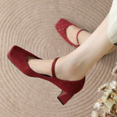 Uued naiste Bling Pumps Kõrged kontsad Peokleit Kingad Ruudukujuline varbaosa Mary Janes Kingad Must Punane Glitter Zapatos Mujer Sügis 1605N