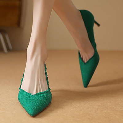 Pompe noi de damă Costum Tweed Tocuri înalte Pantofi de barca cu vârf ascuțit Tesatura jacquard Slip on Stilettos Tricotat Primavara Toamna 1284N