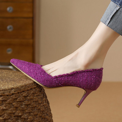 Pompe noi de damă Costum Tweed Tocuri înalte Pantofi de barca cu vârf ascuțit Tesatura jacquard Slip on Stilettos Tricotat Primavara Toamna 1284N