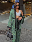 Clacive Fashion Loose Print Patchwork Set 2 piese femei casual cu mânecă lungă, haine cu șireturi, cu pantaloni cu talie înaltă Set haine de noapte