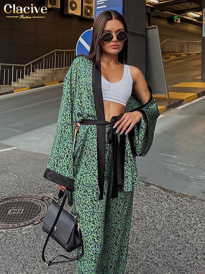 Clacive Fashion Loose Print Patchwork Set 2 piese femei casual cu mânecă lungă, haine cu șireturi, cu pantaloni cu talie înaltă Set haine de noapte