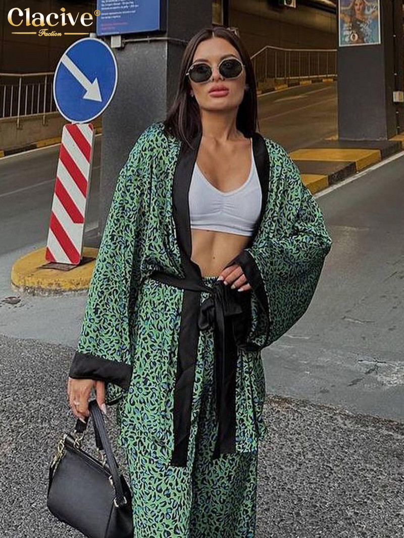 „Clacive Fashion“ laisvas spausdinimas, 2 dalių rinkinys, moteriškas laisvalaikio ilgomis rankovėmis suvarstomas chalatas su aukštu juosmeniu kelnių komplektas miegui