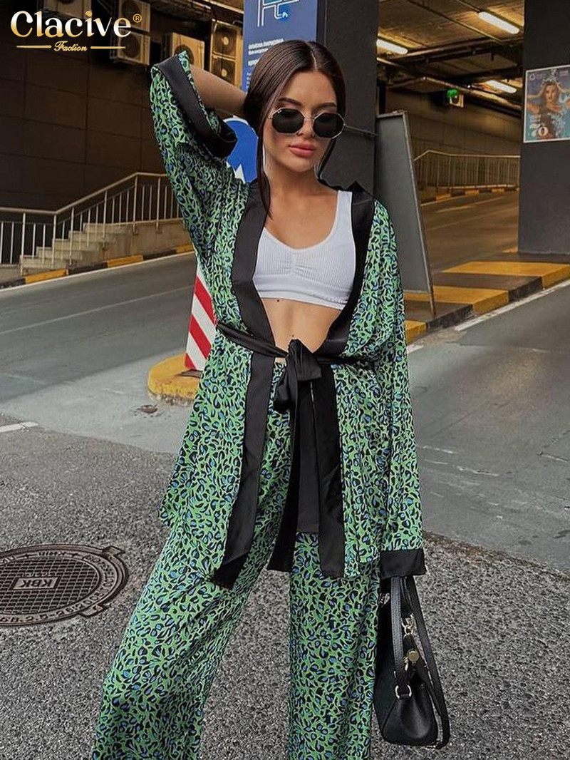 „Clacive Fashion“ laisvas spausdinimas, 2 dalių rinkinys, moteriškas laisvalaikio ilgomis rankovėmis suvarstomas chalatas su aukštu juosmeniu kelnių komplektas miegui