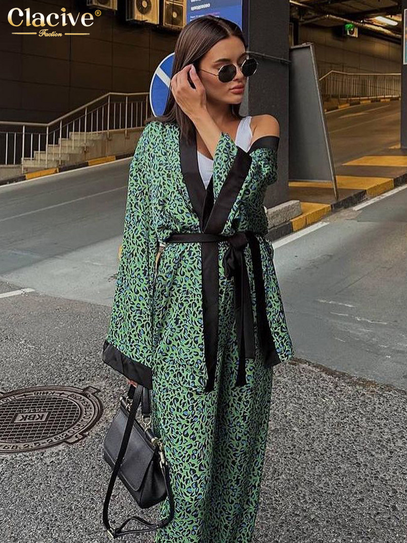 „Clacive Fashion“ laisvas spausdinimas, 2 dalių rinkinys, moteriškas laisvalaikio ilgomis rankovėmis suvarstomas chalatas su aukštu juosmeniu kelnių komplektas miegui