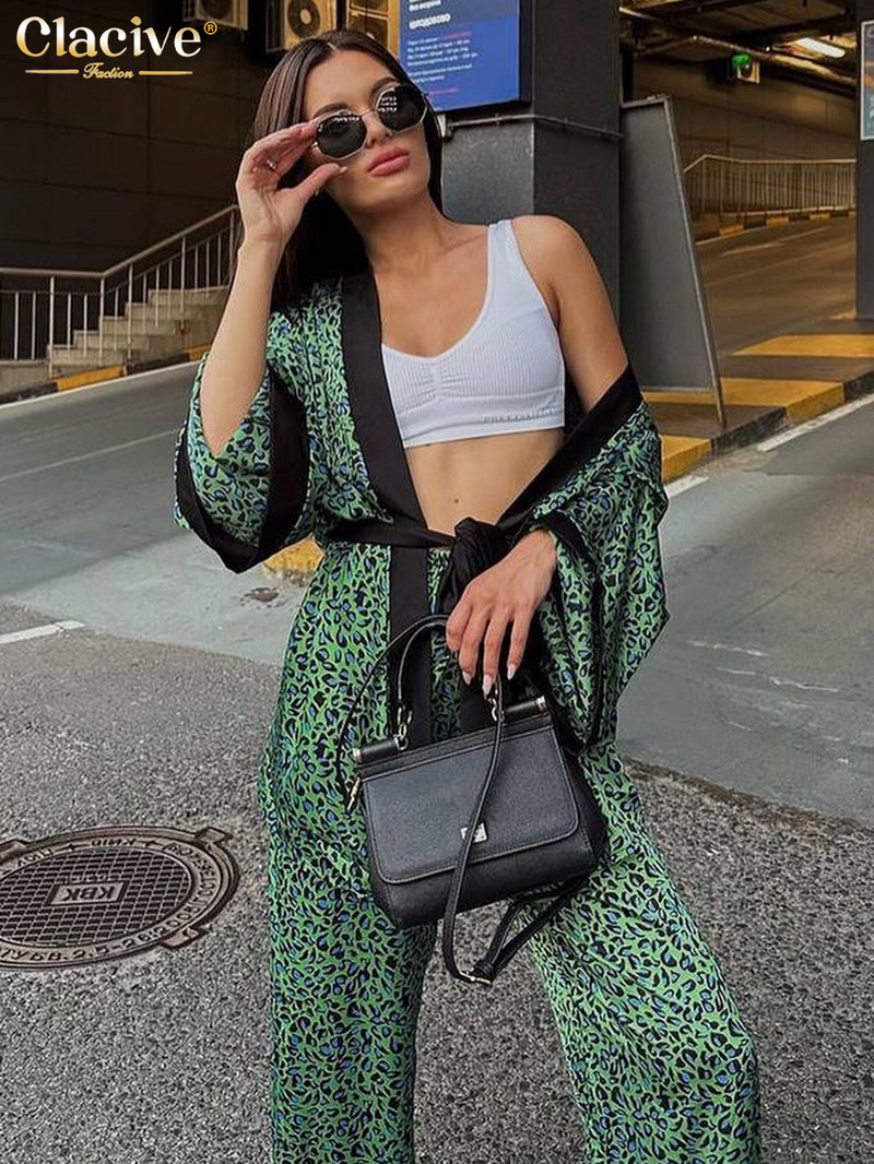 „Clacive Fashion“ laisvas spausdinimas, 2 dalių rinkinys, moteriškas laisvalaikio ilgomis rankovėmis suvarstomas chalatas su aukštu juosmeniu kelnių komplektas miegui