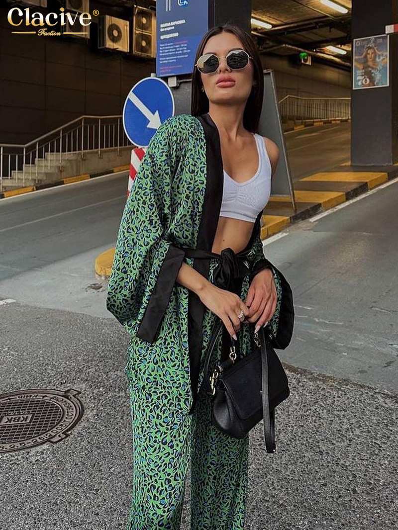 „Clacive Fashion“ laisvas spausdinimas, 2 dalių rinkinys, moteriškas laisvalaikio ilgomis rankovėmis suvarstomas chalatas su aukštu juosmeniu kelnių komplektas miegui