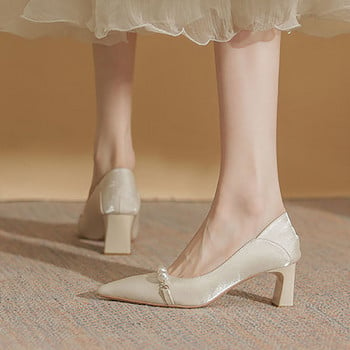 Нови дамски сватбени обувки Перлени бели булчински обувки Остри връхчета Високи токчета Перлени помпи Bling Boat Shoes Princess Red 9914N