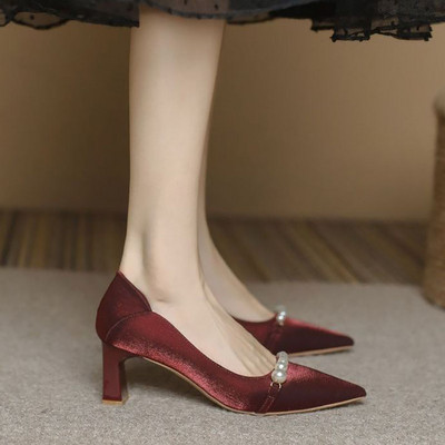 Noi pantofi de mireasă pentru femei, alb perlat, pantofi de mireasă cu vârf ascuțit, tocuri înalte, perle, pompe, pantofi cu barca, prințesă roșie 9914N