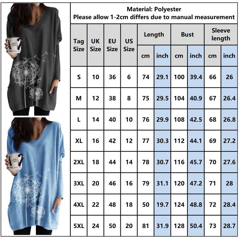 Ženska majica s tunikom dugih rukava s cvjetnim uzorkom Ženska ležerna široka bluza Odjeća za žene, velika veličina 2023.