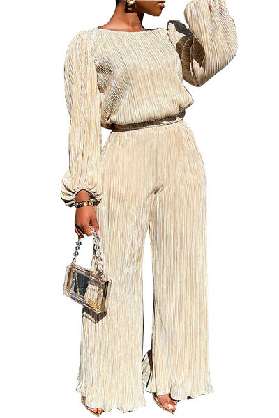 Dámske tepláky s vysokou elasticitou, dlhým rukávom a výstrihom do O, ležérne, s voľnými nohavicami a širokými nohavicami