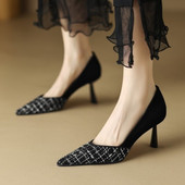 Ženski kostim Cipele od tvida Karirane cipele sa šiljatim vrhom Patchwork cipele na tanku petu Svečane cipele Crne mreže Visoke pete Jesen 1507N