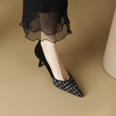 Ženski kostim Cipele od tvida Karirane cipele sa šiljatim vrhom Patchwork cipele na tanku petu Svečane cipele Crne mreže Visoke pete Jesen 1507N