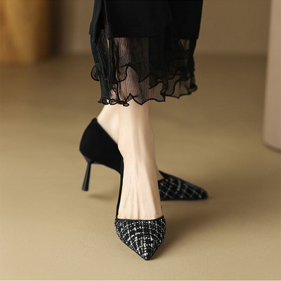 Ženski kostim Cipele od tvida Karirane cipele sa šiljatim vrhom Patchwork cipele na tanku petu Svečane cipele Crne mreže Visoke pete Jesen 1507N