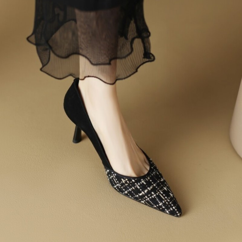 Ženski kostim Cipele od tvida Karirane cipele sa šiljatim vrhom Patchwork cipele na tanku petu Svečane cipele Crne mreže Visoke pete Jesen 1507N