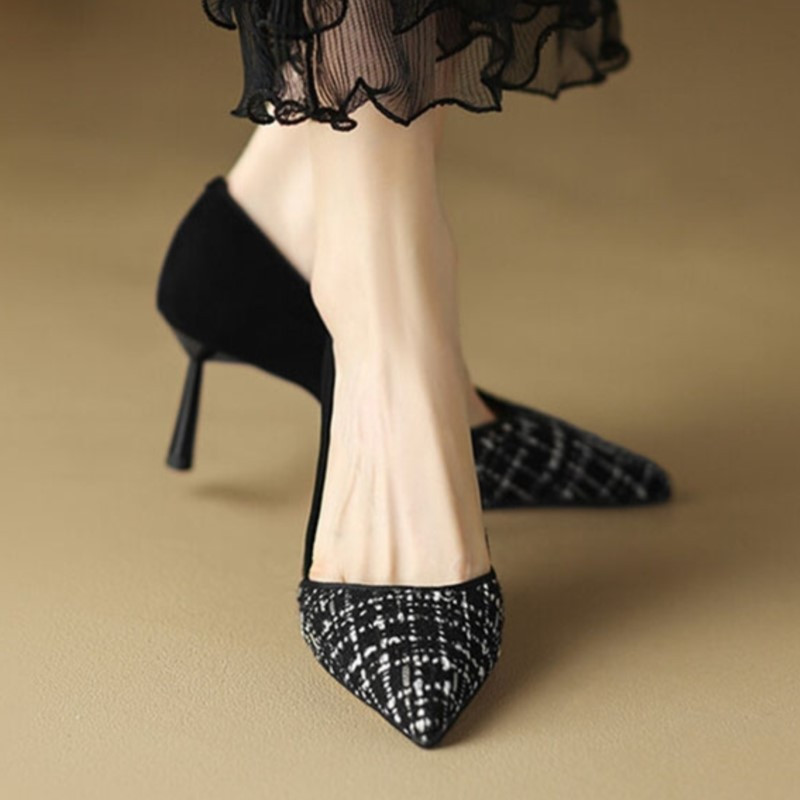 Ženski kostim Cipele od tvida Karirane cipele sa šiljatim vrhom Patchwork cipele na tanku petu Svečane cipele Crne mreže Visoke pete Jesen 1507N