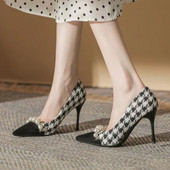 Nove ženske cipele s visokom potpeticom Visoke potpetice Cipele s gumenim prstima Crni kostim Cipele s lađanima od tvida Biserne dizajnerske cipele za žene 1001N