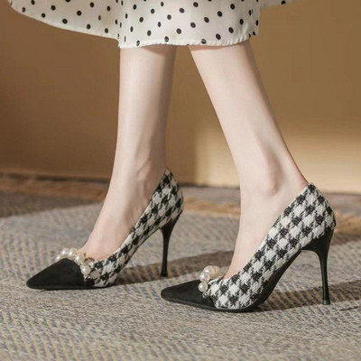 Nove ženske cipele s visokom potpeticom Visoke potpetice Cipele s gumenim prstima Crni kostim Cipele s lađanima od tvida Biserne dizajnerske cipele za žene 1001N