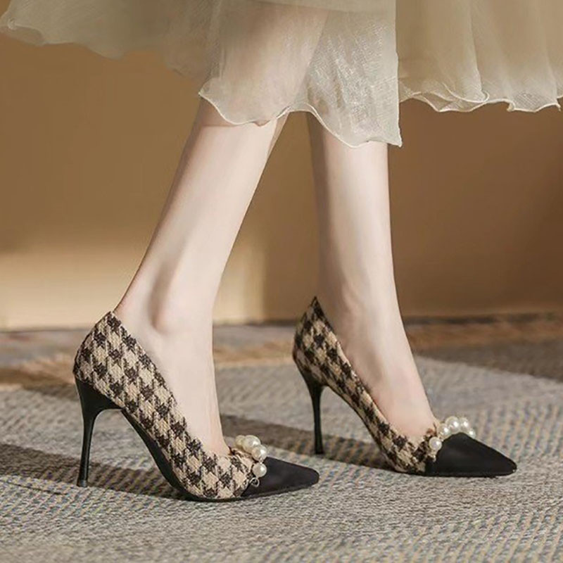 Nove ženske cipele s visokom potpeticom Visoke potpetice Cipele s gumenim prstima Crni kostim Cipele s lađanima od tvida Biserne dizajnerske cipele za žene 1001N