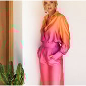Cămașă elegantă din satin cu mânecă lungă Ținute cu pantaloni drepti 2023 Costum de damă de primăvară High Street Bluză lejeră degradată Set 2 piese