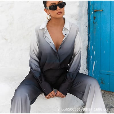 Cămașă elegantă din satin cu mânecă lungă Ținute cu pantaloni drepti 2023 Costum de damă de primăvară High Street Bluză lejeră degradată Set 2 piese