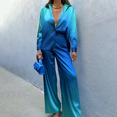 Cămașă elegantă din satin cu mânecă lungă Ținute cu pantaloni drepti 2023 Costum de damă de primăvară High Street Bluză lejeră degradată Set 2 piese